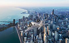 XTI Aircraft prototype render above Chicago city
